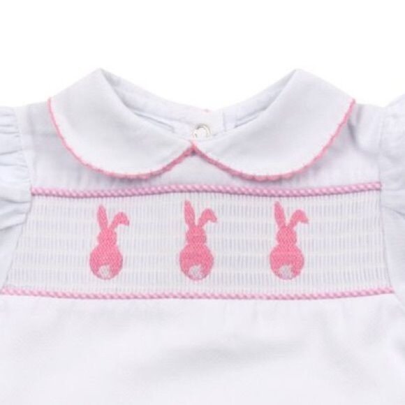 MSC Smocked Pink Easter Bunny Rabbit day gown dress 0-6m NWT smocked layette - Picture 4 of 4